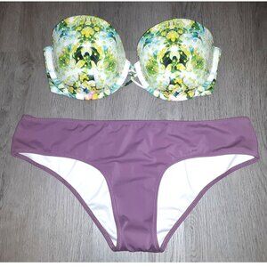 Victoria's Secret Bikini Set Strapless Push Up Top Size 32DD Bottoms Size LARGE